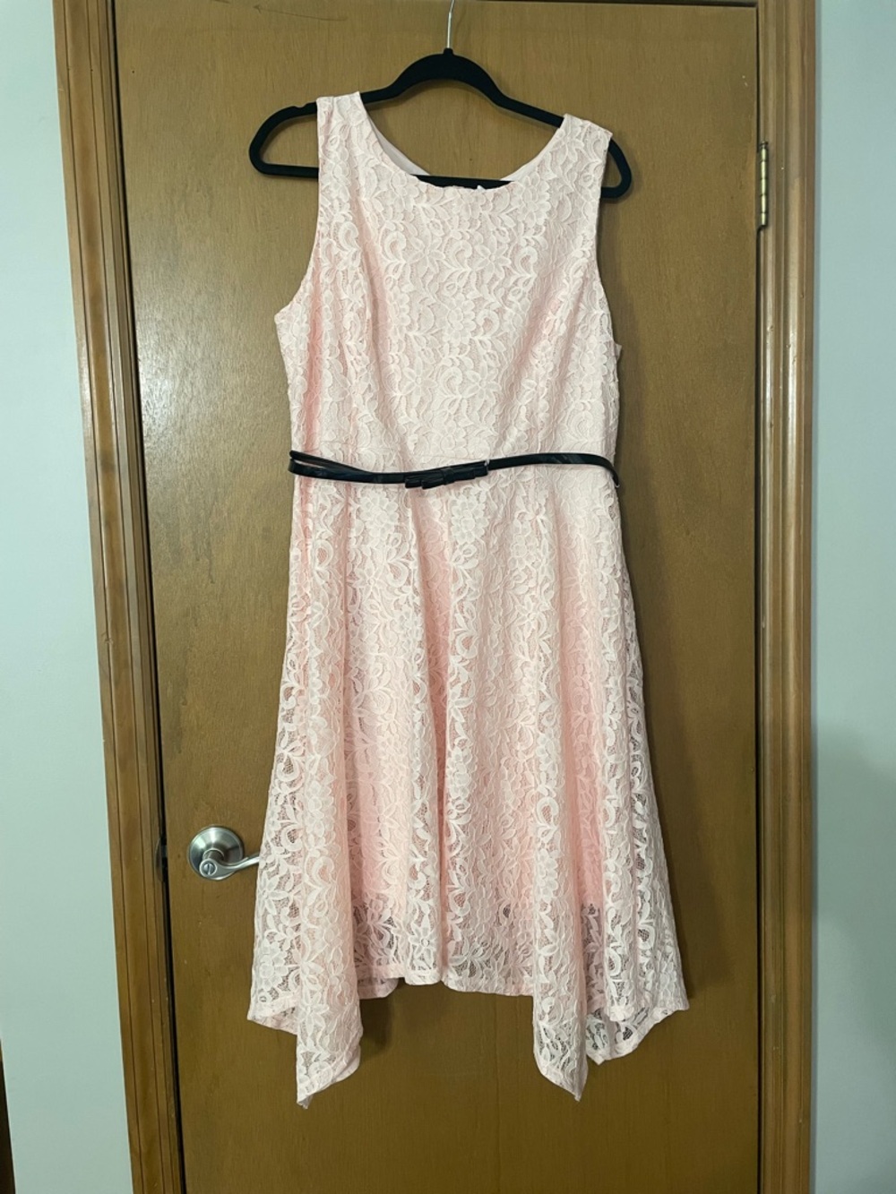 Elle Pink Lace Fit-and-Flare Dress with Black Belt